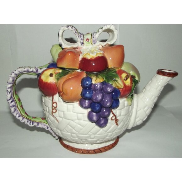 Teapot floral bow porcelain ceramic basketweave fruit with lid multicolor - Picture 6 of 16
